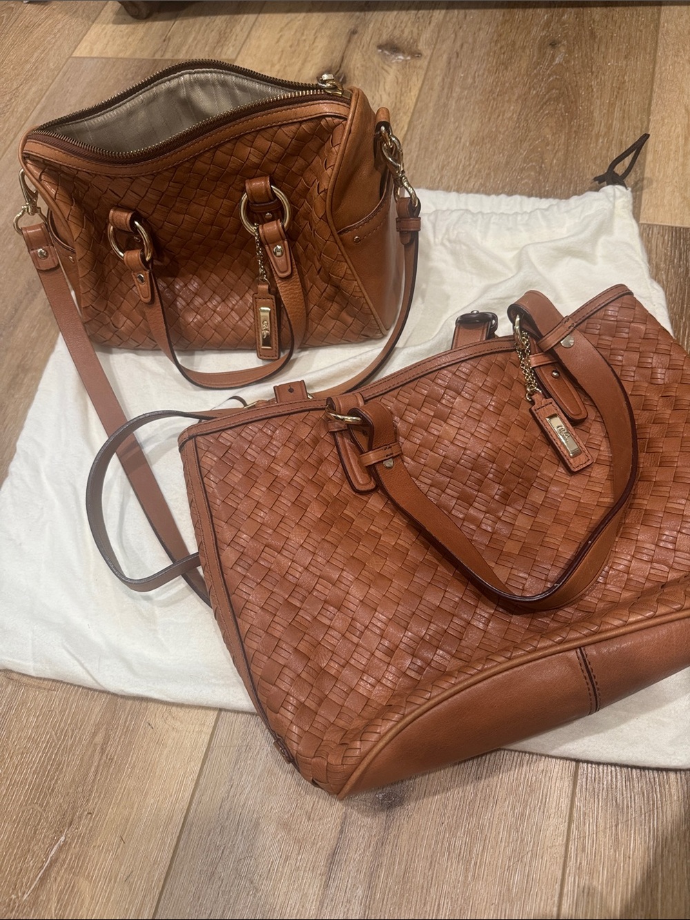 Cole Haan Woven Leather Shoulder Tote & crossbody in Cognac